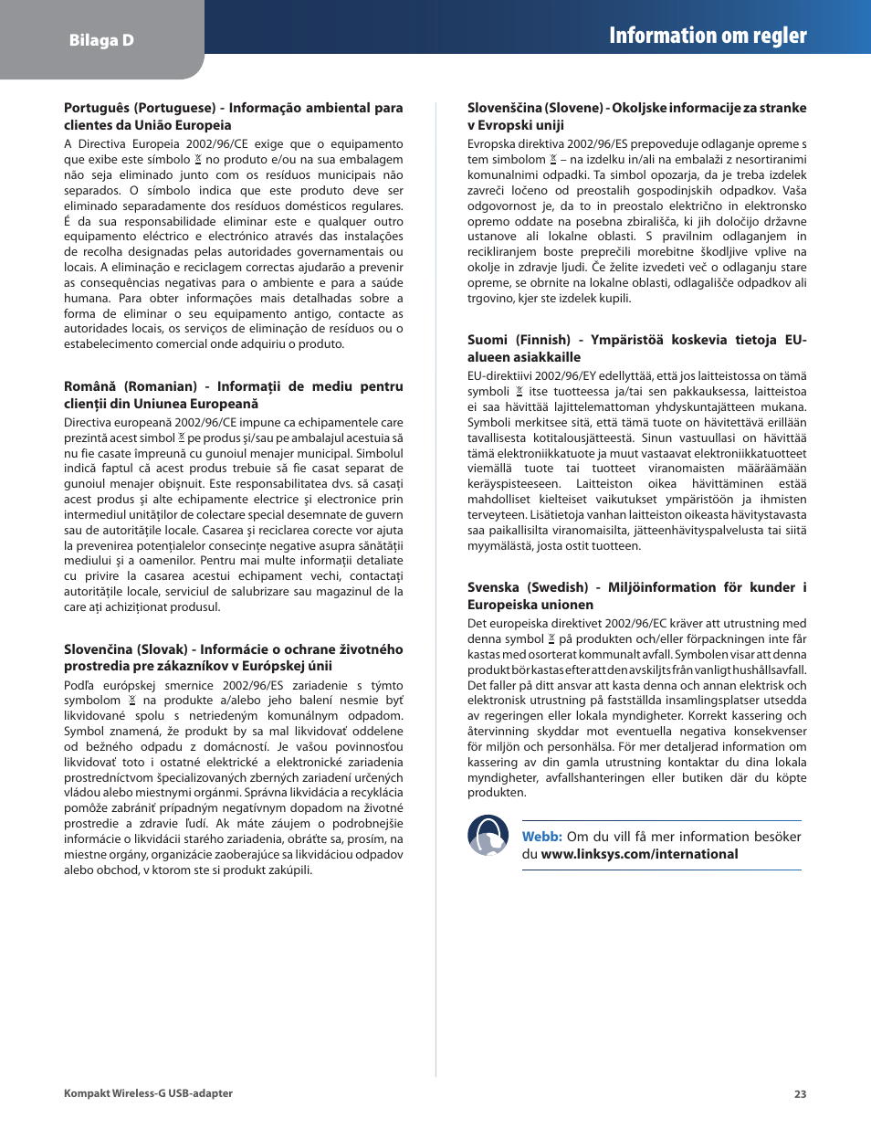 Information om regler | Linksys WUSB54GC User Manual | Page 312 / 324