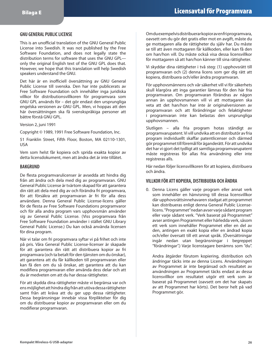Licensavtal för programvara | Linksys WUSB54GC User Manual | Page 315 / 324