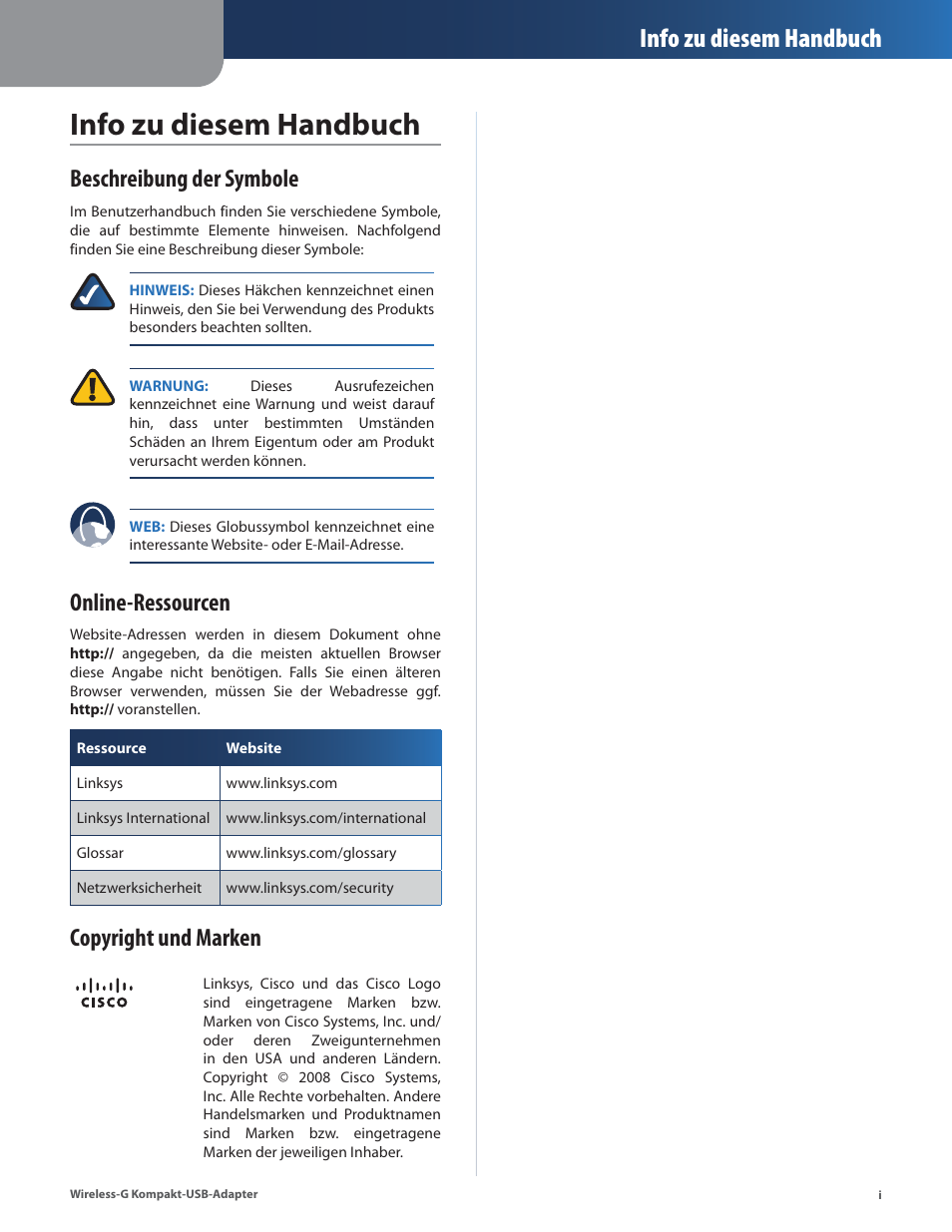 Info zu diesem handbuch, Beschreibung der symbole, Online-ressourcen | Copyright und marken | Linksys WUSB54GC User Manual | Page 38 / 324