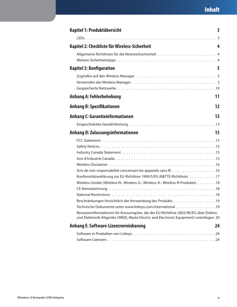 Inhalt | Linksys WUSB54GC User Manual | Page 39 / 324