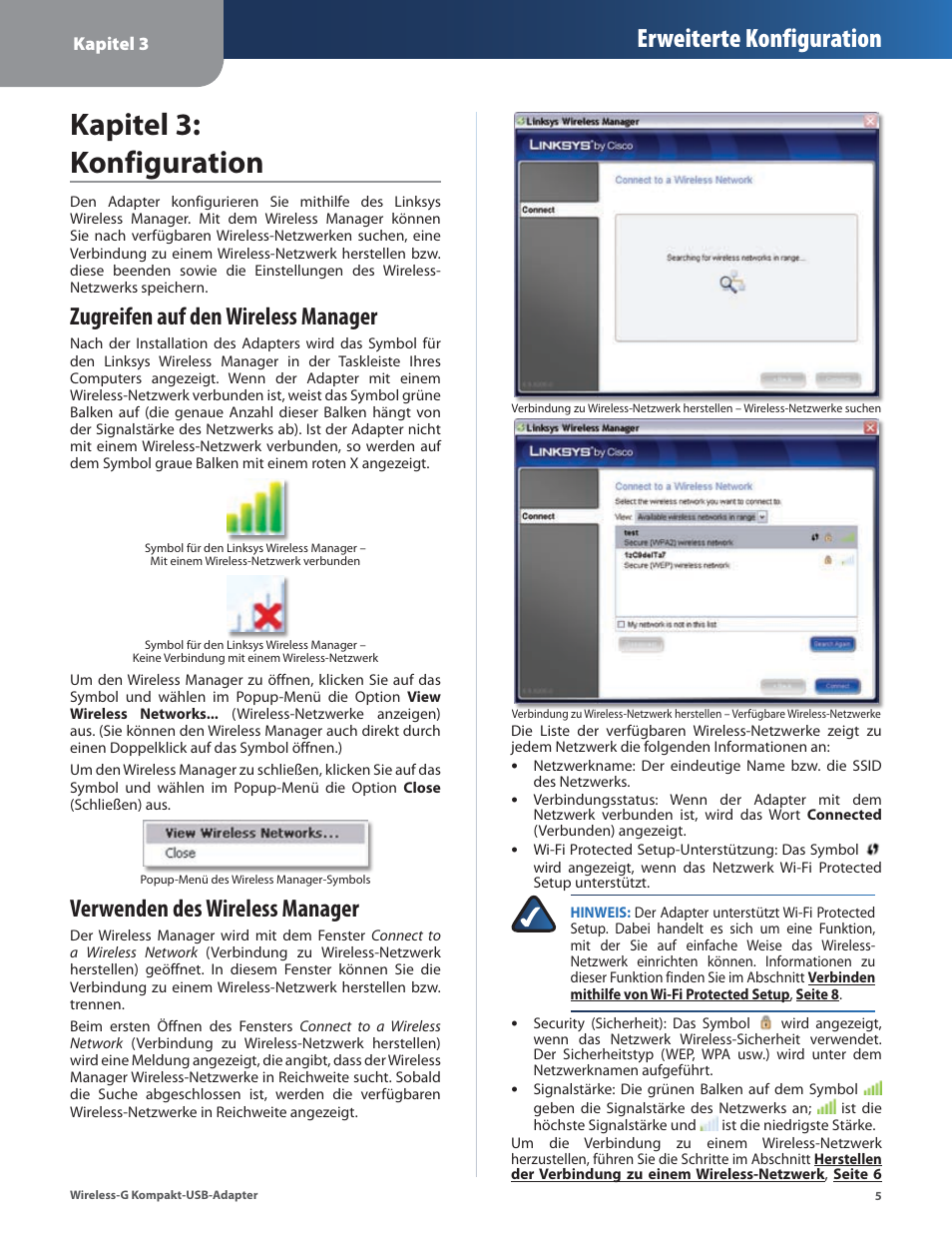Kapitel 3: konfiguration, Zugreifen auf den wireless manager, Verwenden des wireless manager | Erweiterte konfiguration | Linksys WUSB54GC User Manual | Page 42 / 324