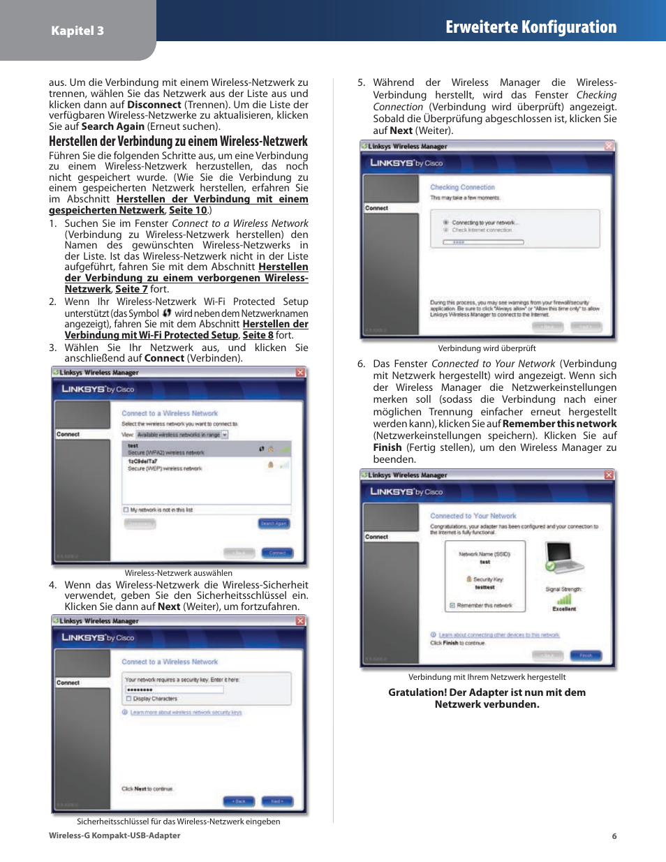 Erweiterte konfiguration | Linksys WUSB54GC User Manual | Page 43 / 324