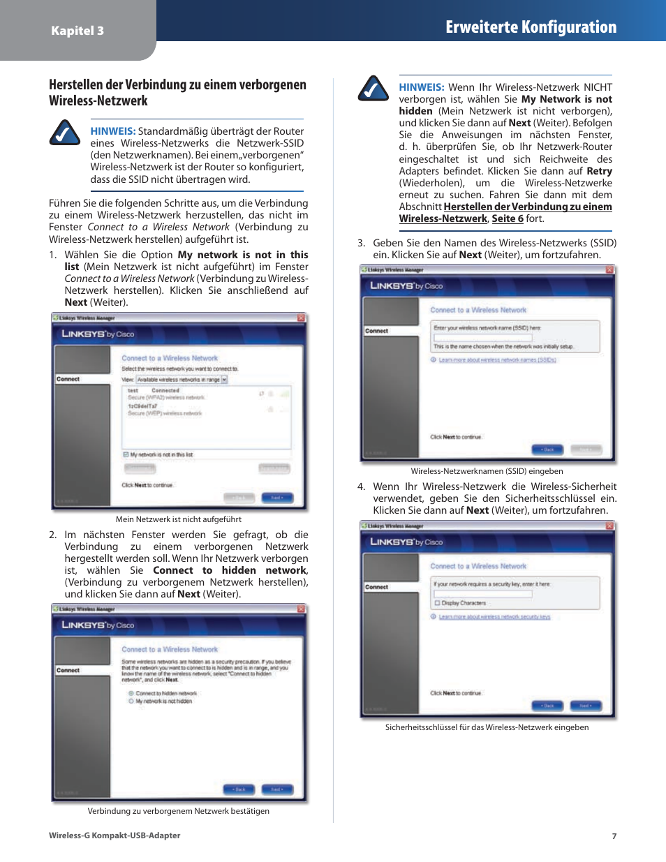 Erweiterte konfiguration | Linksys WUSB54GC User Manual | Page 44 / 324