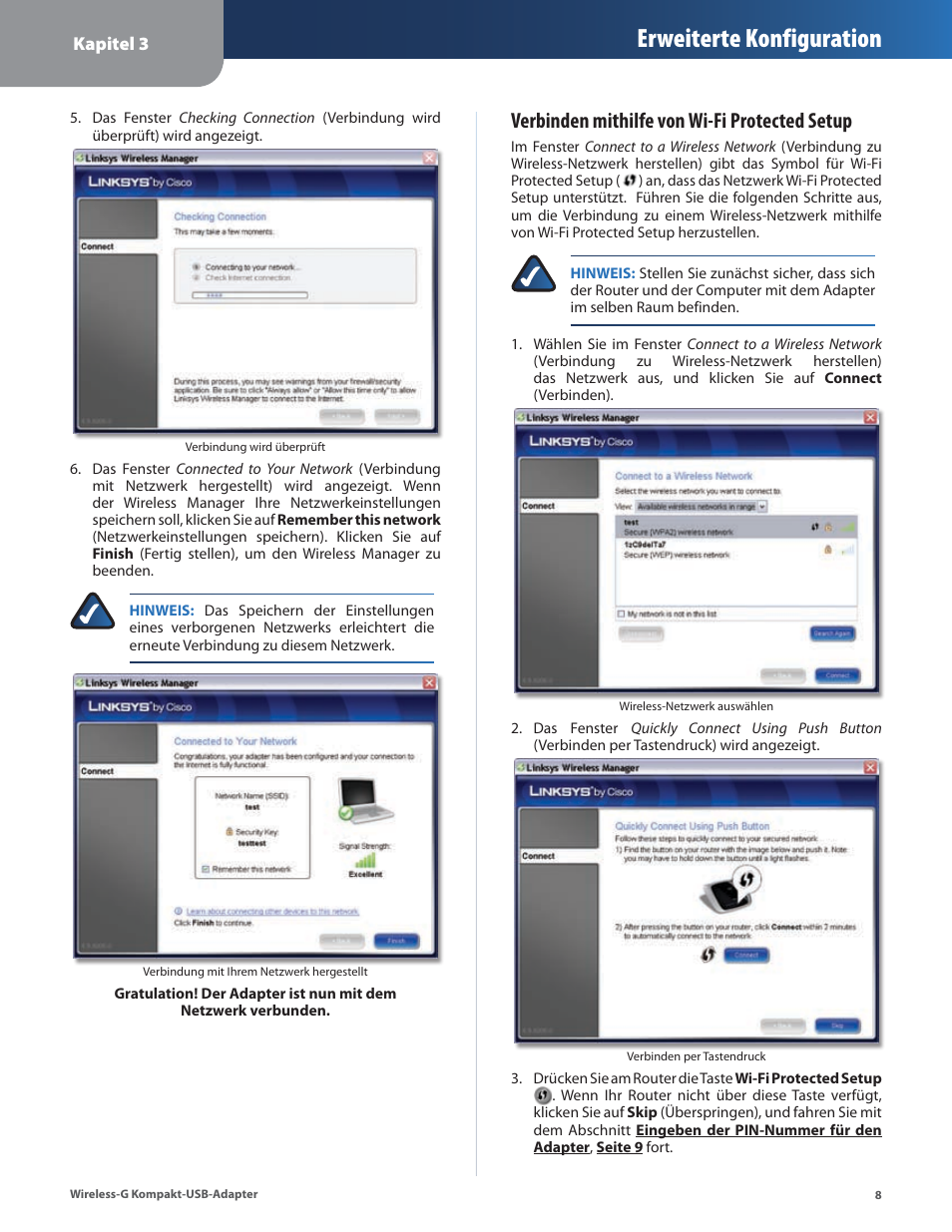Erweiterte konfiguration, Verbinden mithilfe von wi-fi protected setup | Linksys WUSB54GC User Manual | Page 45 / 324