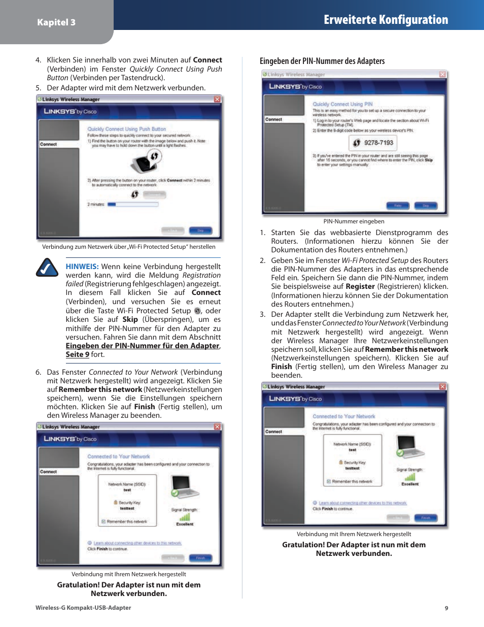 Erweiterte konfiguration | Linksys WUSB54GC User Manual | Page 46 / 324