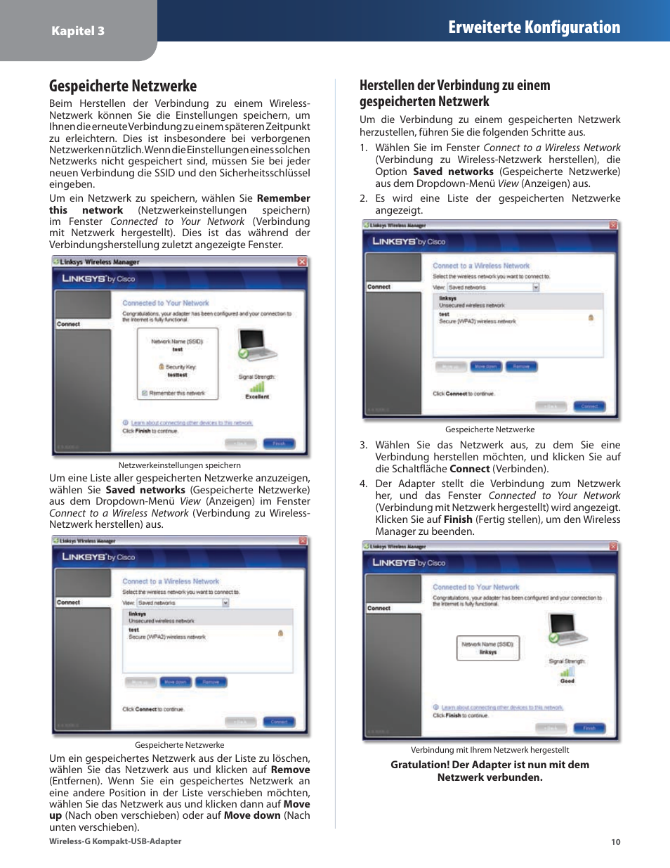 Gespeicherte netzwerke, Erweiterte konfiguration | Linksys WUSB54GC User Manual | Page 47 / 324