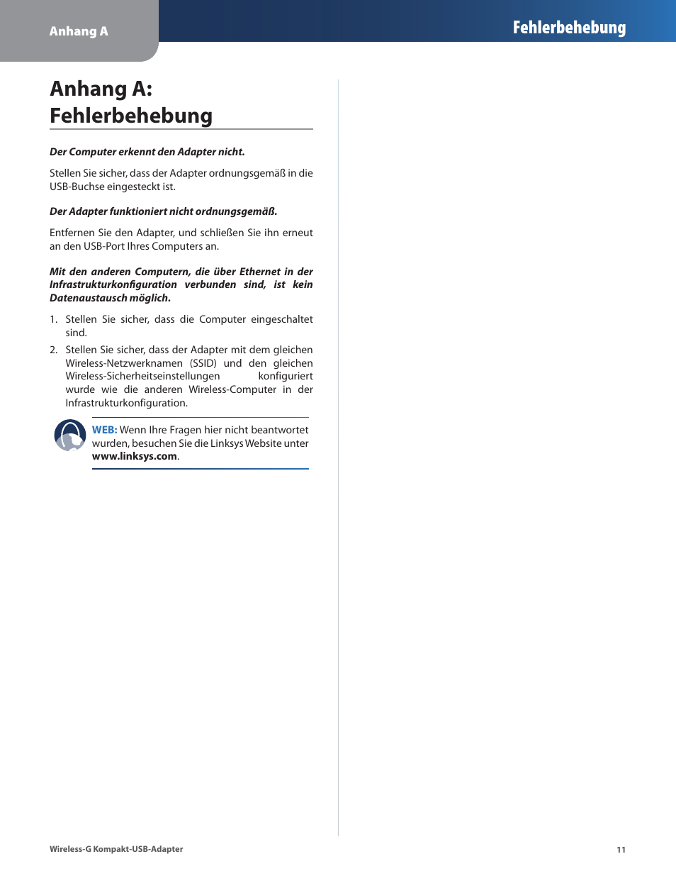 Anhang a: fehlerbehebung, Fehlerbehebung | Linksys WUSB54GC User Manual | Page 48 / 324