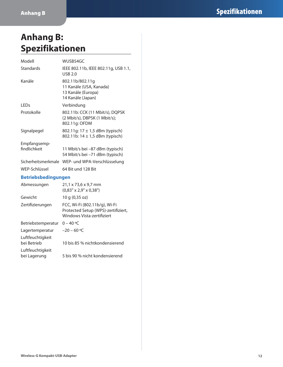 Anhang b: spezifikationen, Spezifikationen | Linksys WUSB54GC User Manual | Page 49 / 324