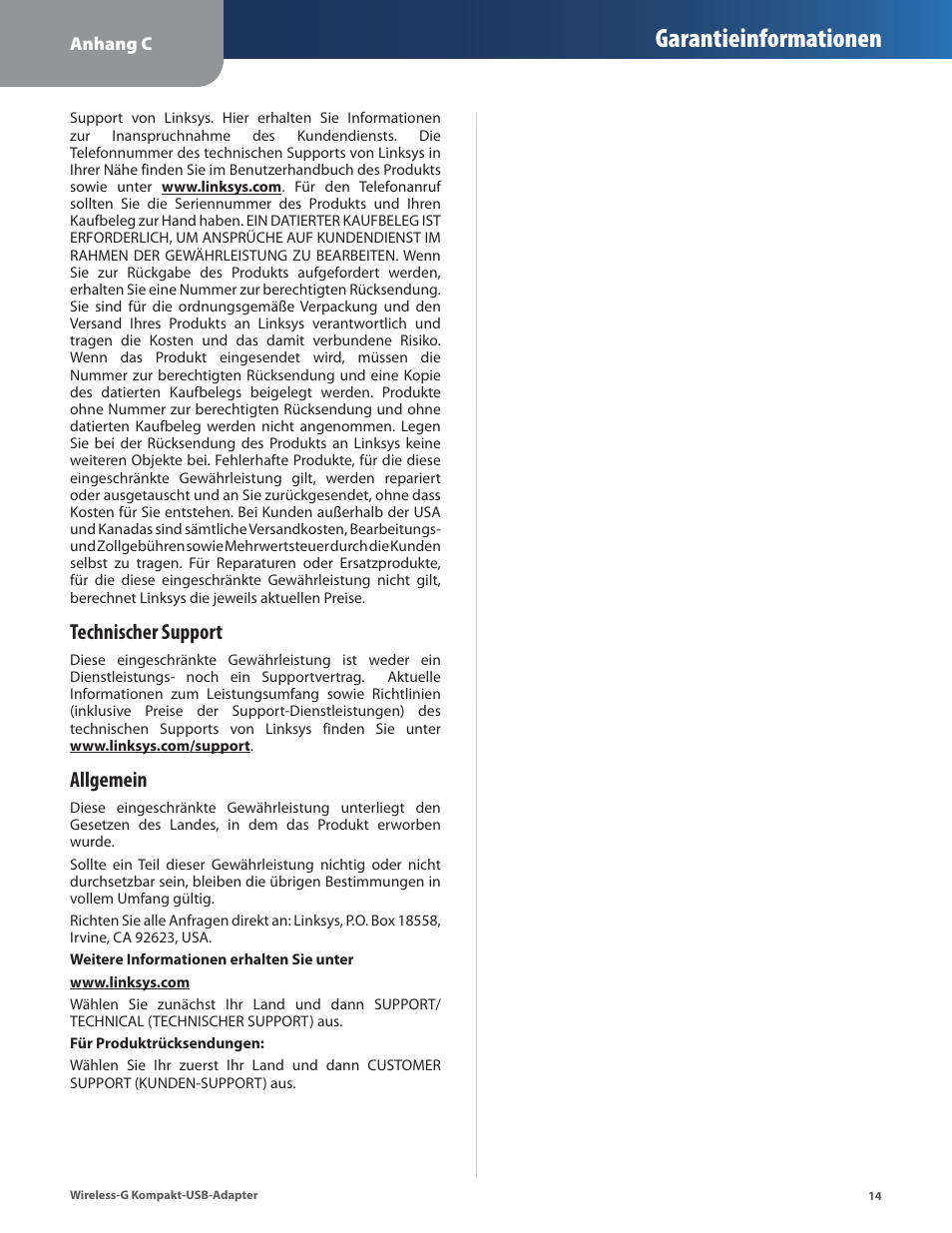 Garantieinformationen, Technischer support, Allgemein | Linksys WUSB54GC User Manual | Page 51 / 324