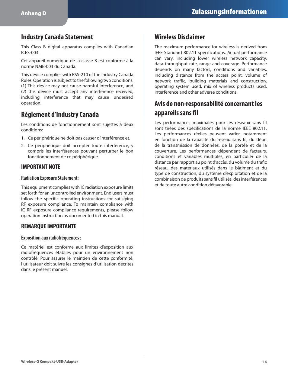 Wireless disclaimer, Zulassungsinformationen, Industry canada statement | Règlement d’industry canada | Linksys WUSB54GC User Manual | Page 53 / 324