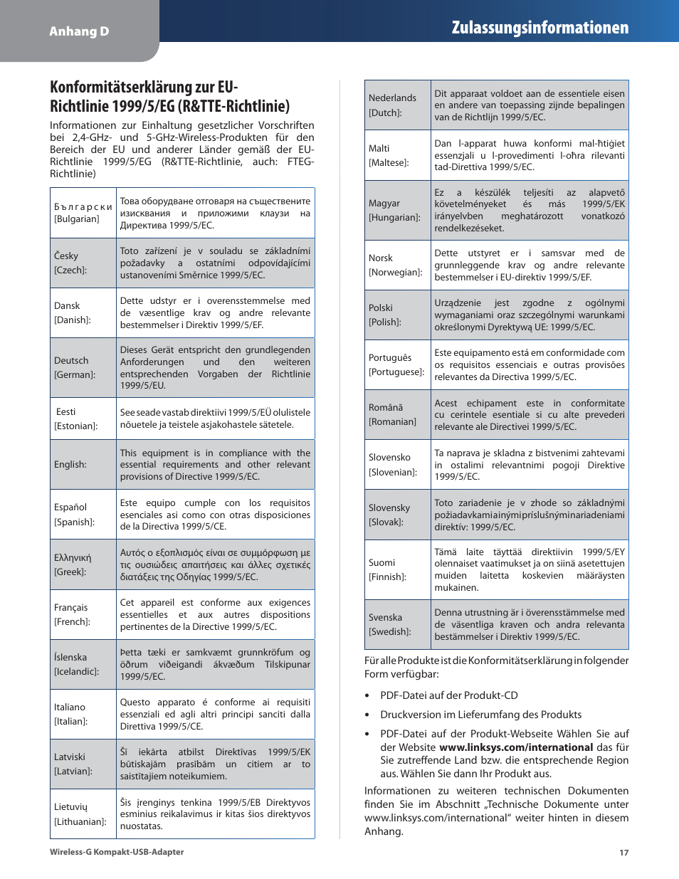 Zulassungsinformationen, Anhang d | Linksys WUSB54GC User Manual | Page 54 / 324