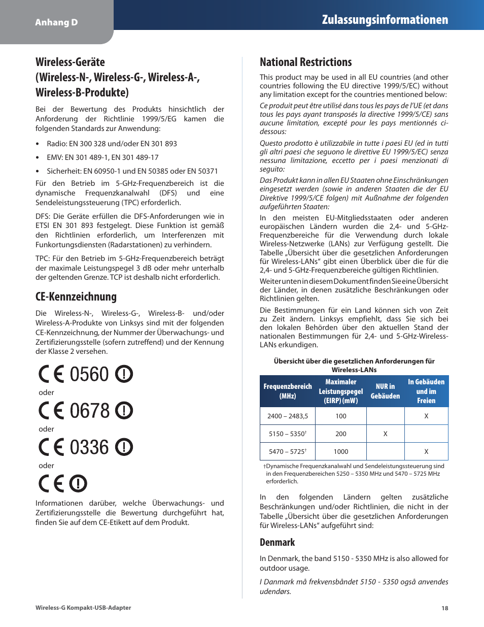 Ce-kennzeichnung, National restrictions, Zulassungsinformationen | Denmark | Linksys WUSB54GC User Manual | Page 55 / 324