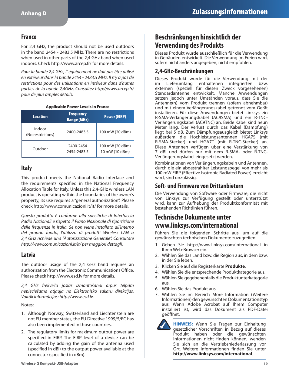 Zulassungsinformationen, France, Italy | Latvia, 2,4-ghz-beschränkungen, Soft- und firmware von drittanbietern | Linksys WUSB54GC User Manual | Page 56 / 324
