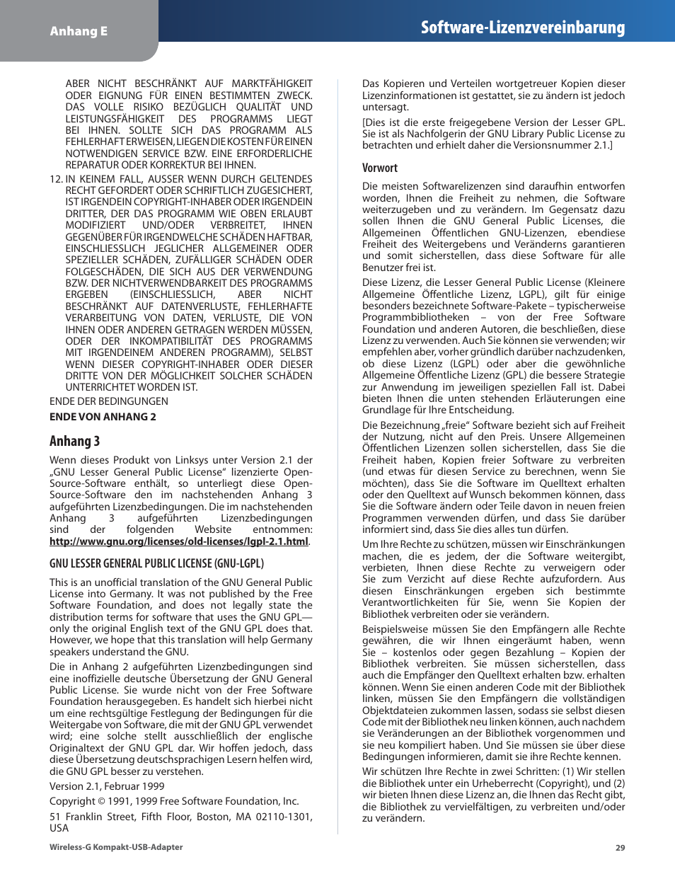 Software-lizenzvereinbarung, Anhang 3 | Linksys WUSB54GC User Manual | Page 66 / 324