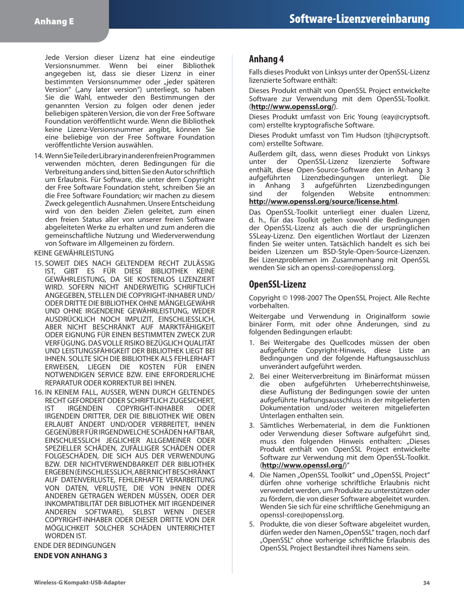 Software-lizenzvereinbarung, Anhang 4, Openssl-lizenz | Linksys WUSB54GC User Manual | Page 71 / 324