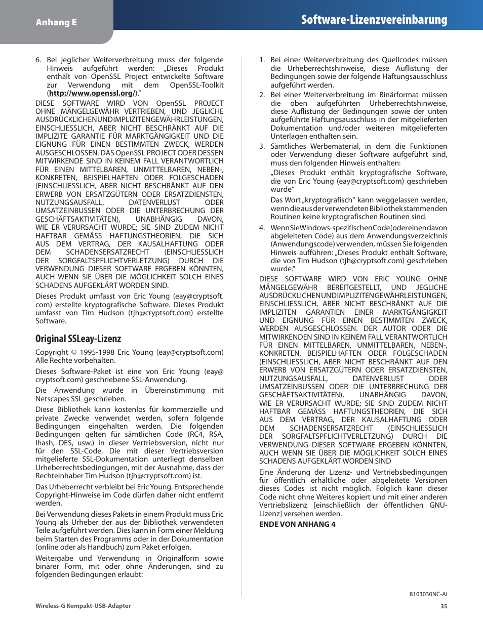Software-lizenzvereinbarung, Original ssleay-lizenz | Linksys WUSB54GC User Manual | Page 72 / 324
