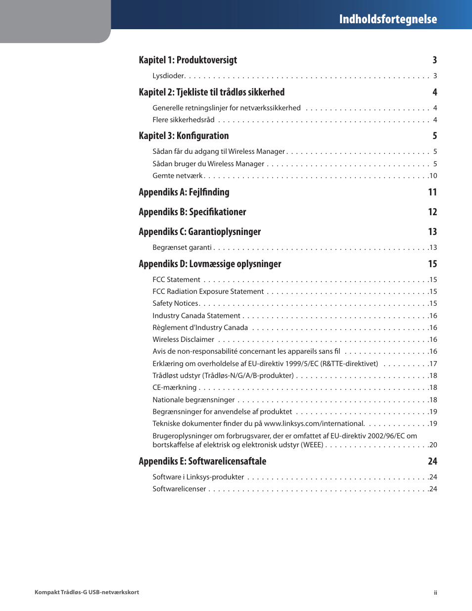 Indholdsfortegnelse | Linksys WUSB54GC User Manual | Page 75 / 324