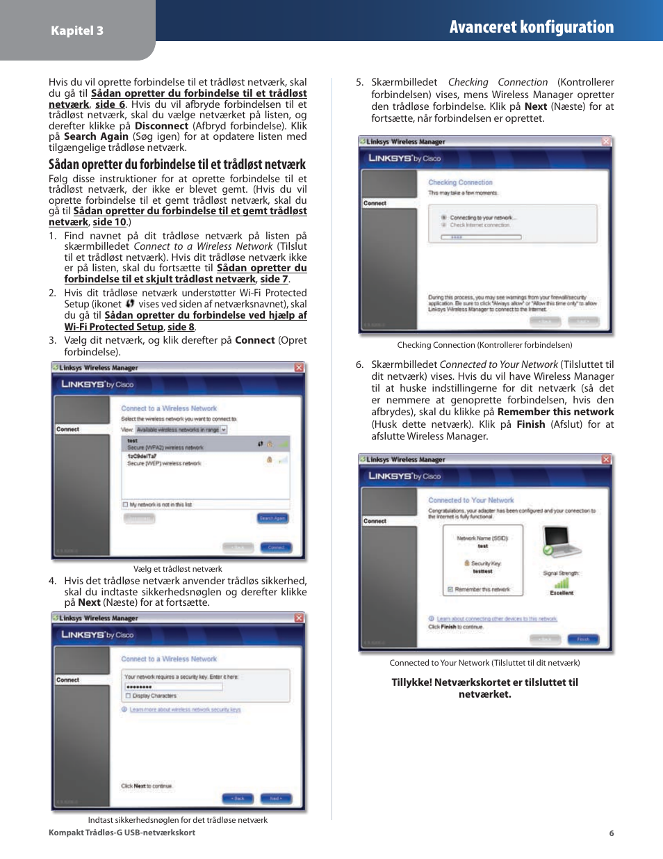 Avanceret konfiguration | Linksys WUSB54GC User Manual | Page 79 / 324