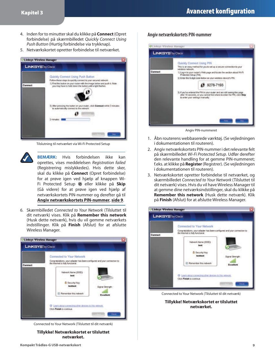 Avanceret konfiguration | Linksys WUSB54GC User Manual | Page 82 / 324