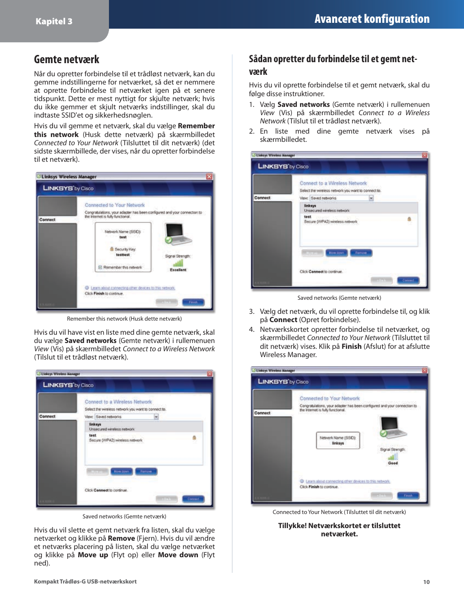 Gemte netværk, Avanceret konfiguration | Linksys WUSB54GC User Manual | Page 83 / 324