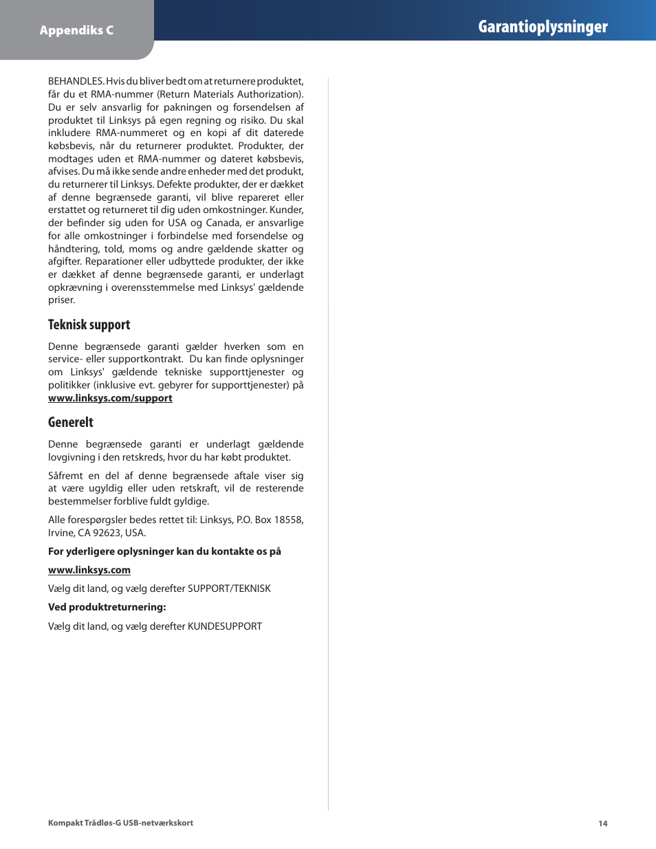 Garantioplysninger, Teknisk support, Generelt | Linksys WUSB54GC User Manual | Page 87 / 324