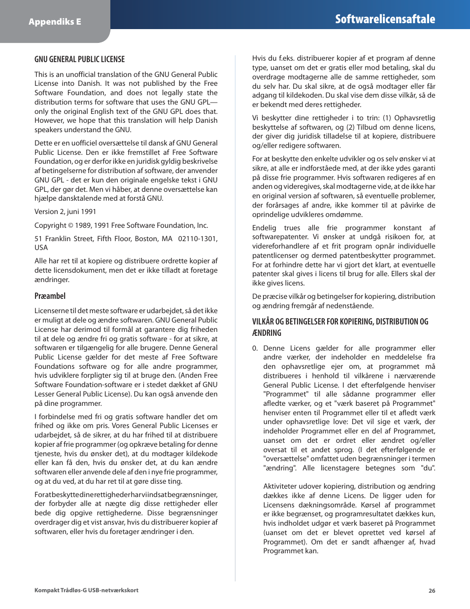 Softwarelicensaftale | Linksys WUSB54GC User Manual | Page 99 / 324
