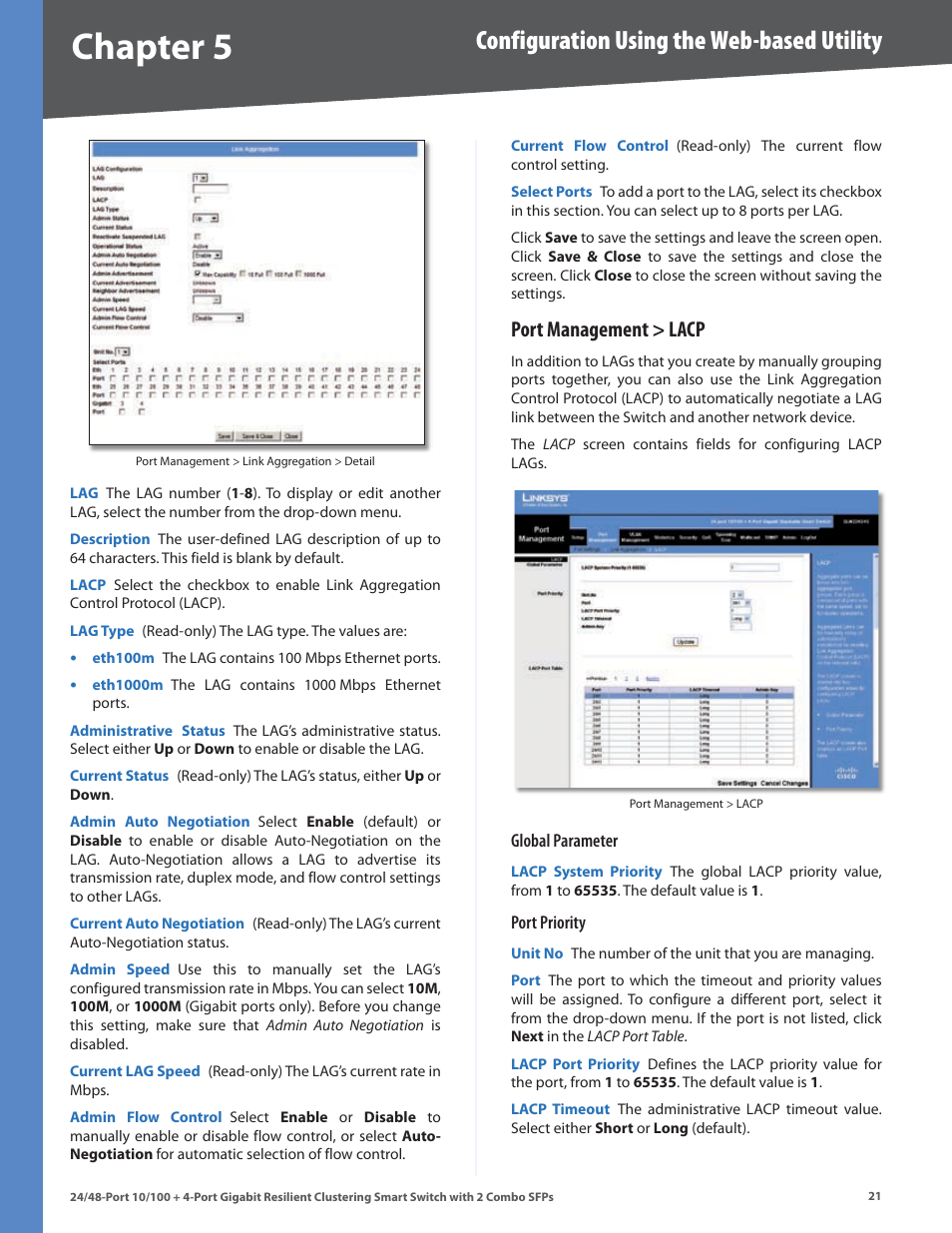 Port management > lacp, Chapter, Configuration using the web-based utility | Linksys SLM224G4S User Manual | Page 27 / 77