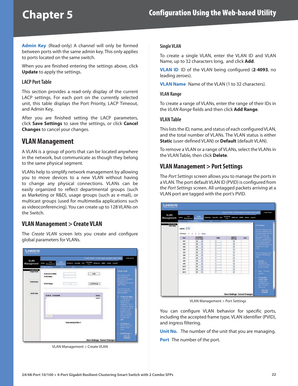Vlan management, Vlan management > create vlan, Vlan management > port settings | Chapter, Configuration using the web-based utility | Linksys SLM224G4S User Manual | Page 28 / 77