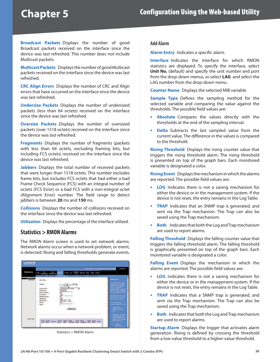 Statistics > rmon alarms, Chapter, Configuration using the web-based utility | Linksys SLM224G4S User Manual | Page 32 / 77