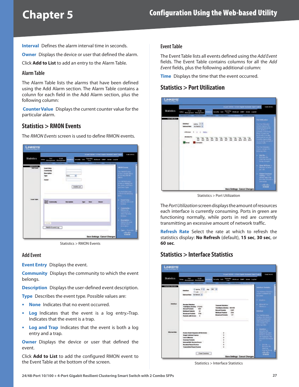 Statistics > rmon events, Statistics > port utilization, Statistics > interface statistics | Chapter, Configuration using the web-based utility | Linksys SLM224G4S User Manual | Page 33 / 77