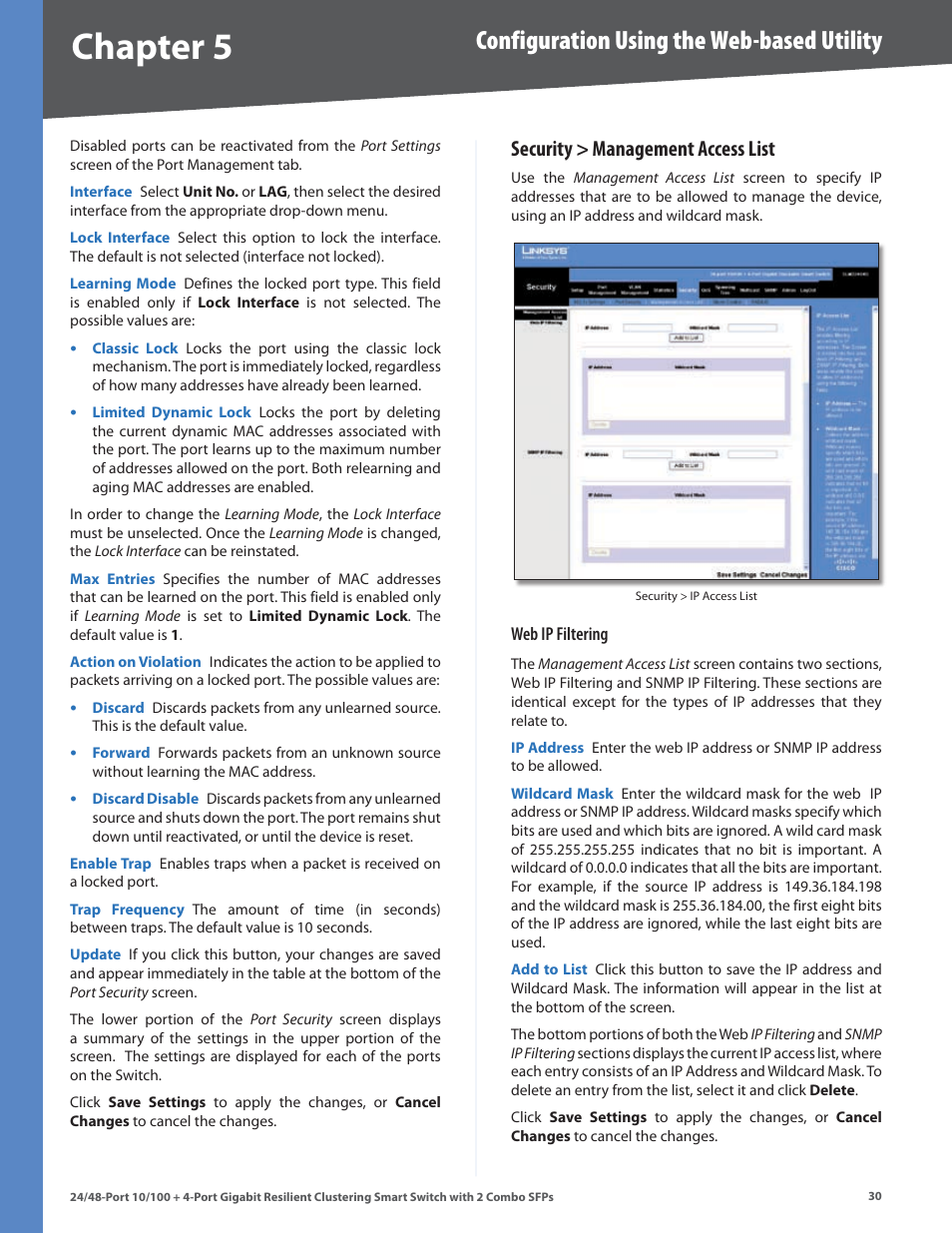 Chapter, Configuration using the web-based utility, Security > management access list | Linksys SLM224G4S User Manual | Page 36 / 77