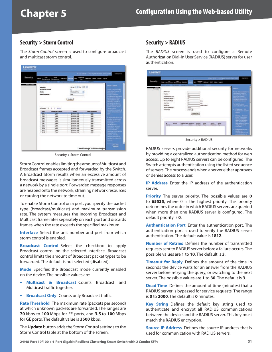 Security > storm control, Security > radius, Security > storm control security > radius | Chapter, Configuration using the web-based utility | Linksys SLM224G4S User Manual | Page 37 / 77