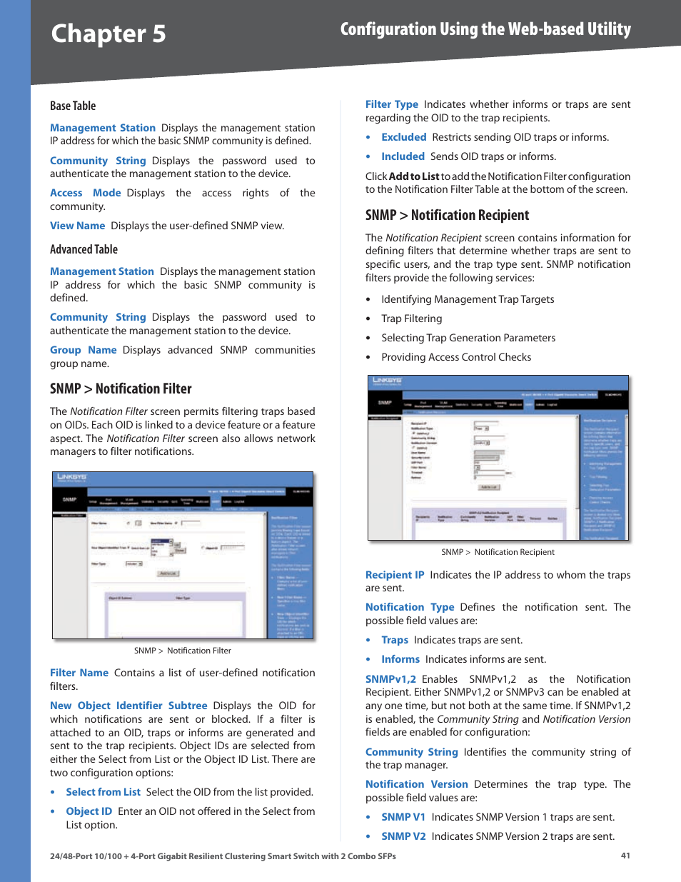 Snmp > notification filter, Snmp > notification recipient, Chapter | Configuration using the web-based utility | Linksys SLM224G4S User Manual | Page 47 / 77