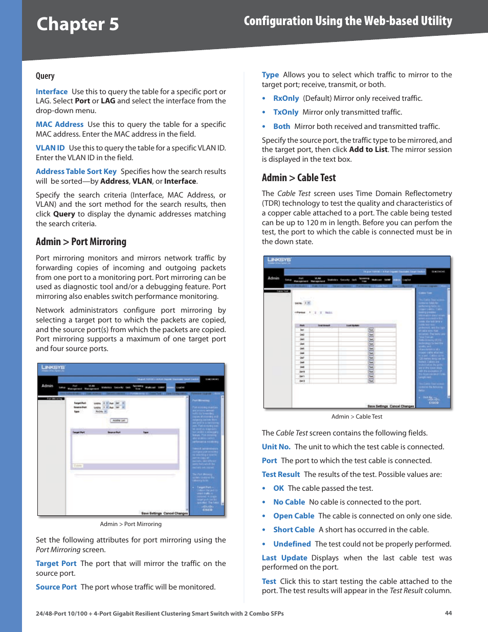 Admin > port mirroring, Admin > cable test, Admin > port mirroring admin > cable test | Chapter, Configuration using the web-based utility | Linksys SLM224G4S User Manual | Page 50 / 77