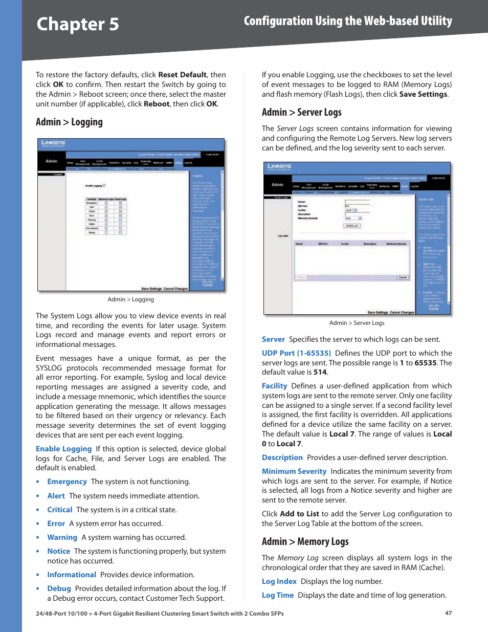 Admin > logging, Admin > server logs, Admin > memory logs | Chapter, Configuration using the web-based utility | Linksys SLM224G4S User Manual | Page 53 / 77