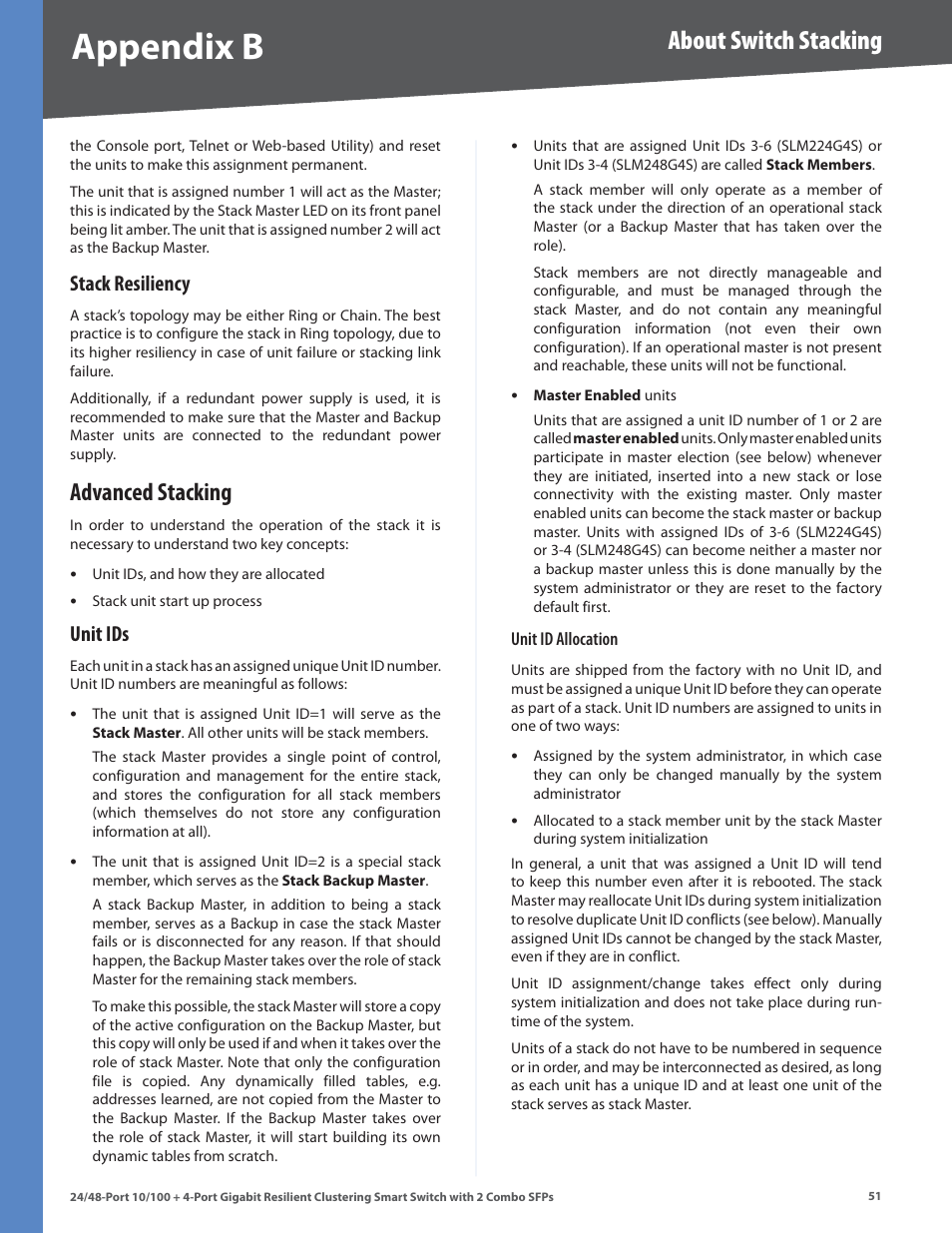 Stack resiliency, Advanced stacking, Unit ids | Appendix b, About switch stacking | Linksys SLM224G4S User Manual | Page 57 / 77