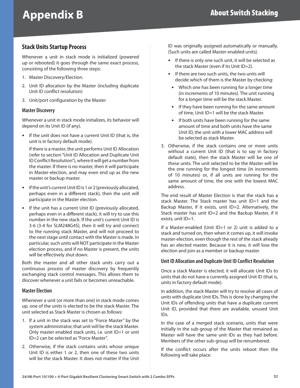 Stack units startup process, Appendix b, About switch stacking | Linksys SLM224G4S User Manual | Page 58 / 77