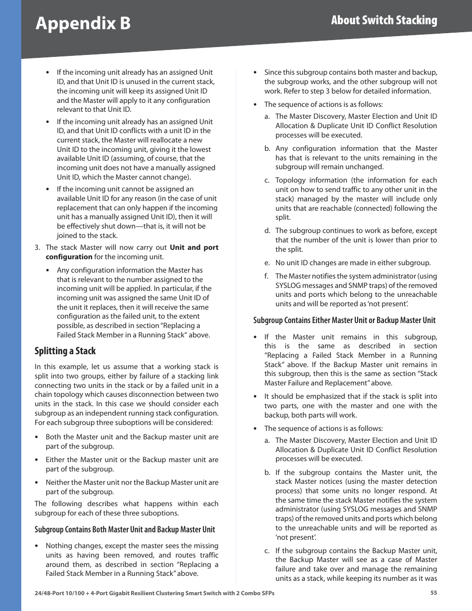 Splitting a stack, Appendix b, About switch stacking | Linksys SLM224G4S User Manual | Page 61 / 77