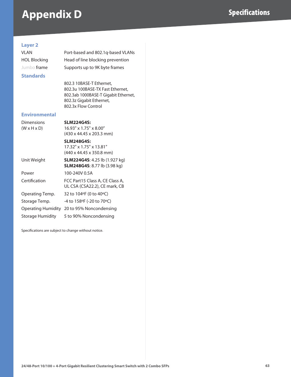 Appendix d, Specifications | Linksys SLM224G4S User Manual | Page 69 / 77