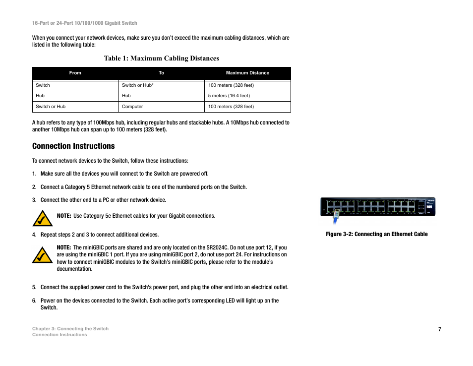 Connection instructions, Table 1: maximum cabling distances | Linksys SR2024C User Manual | Page 11 / 26