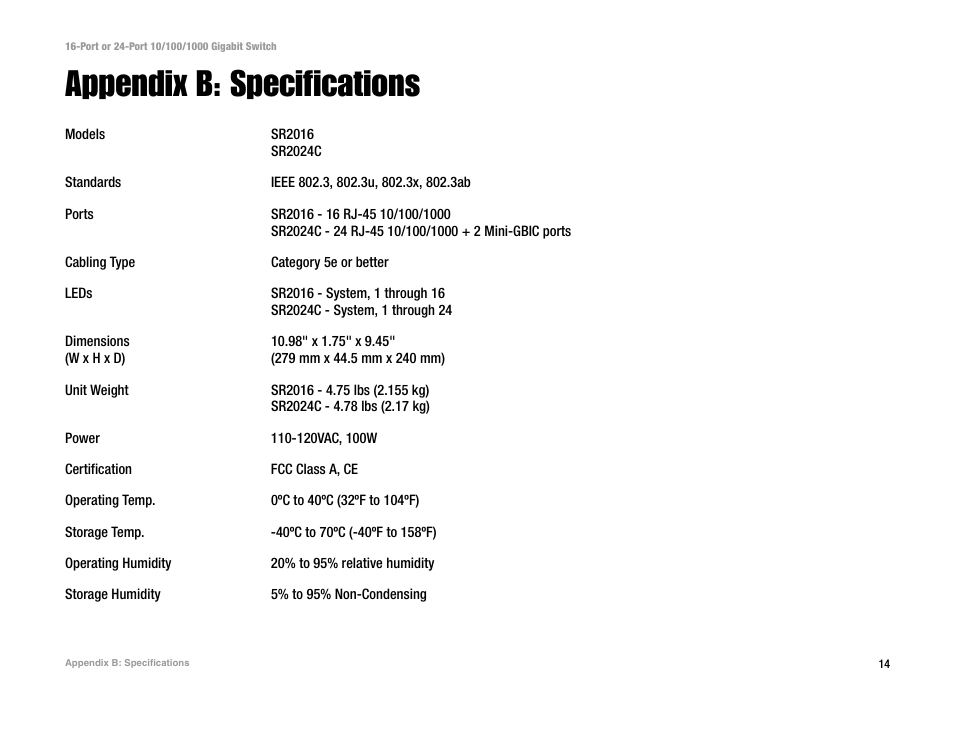 Appendix b: specifications | Linksys SR2024C User Manual | Page 18 / 26