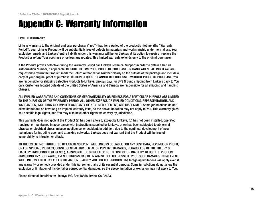 Appendix c: warranty information | Linksys SR2024C User Manual | Page 19 / 26