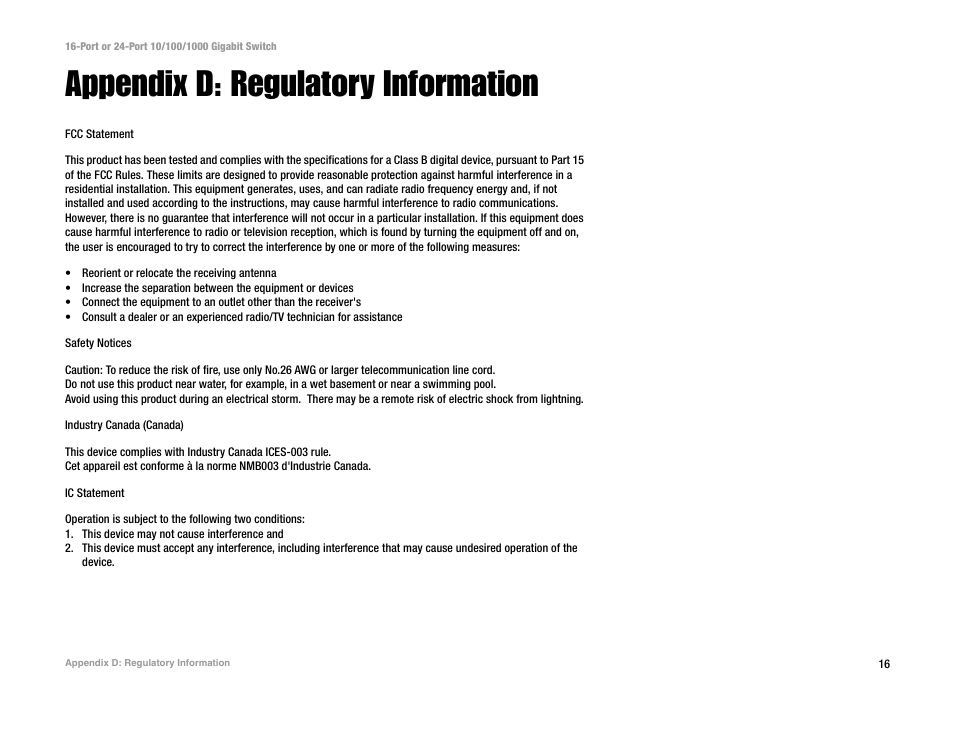 Appendix d: regulatory information | Linksys SR2024C User Manual | Page 20 / 26