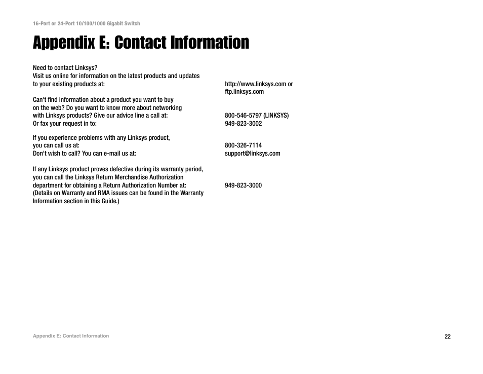 Appendix e: contact information | Linksys SR2024C User Manual | Page 26 / 26