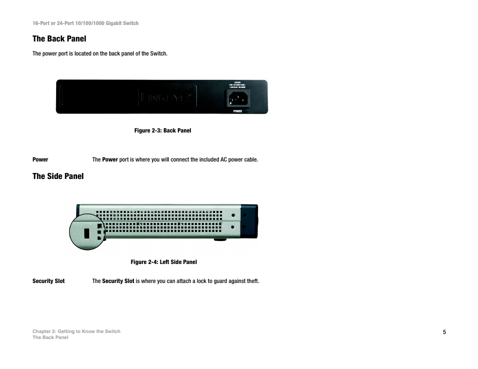 The back panel, The side panel | Linksys SR2024C User Manual | Page 9 / 26