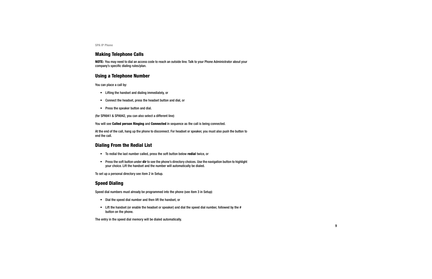 Making telephone calls, Dialing from the redial list, Speed dialing | Using a telephone number | Linksys SPA 922 User Manual | Page 13 / 29