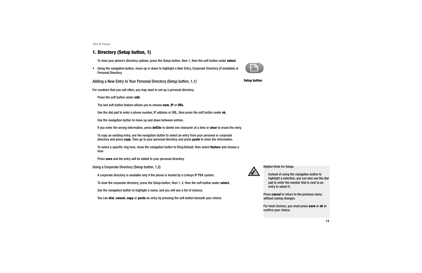 Directory (setup button, 1) | Linksys SPA 922 User Manual | Page 18 / 29