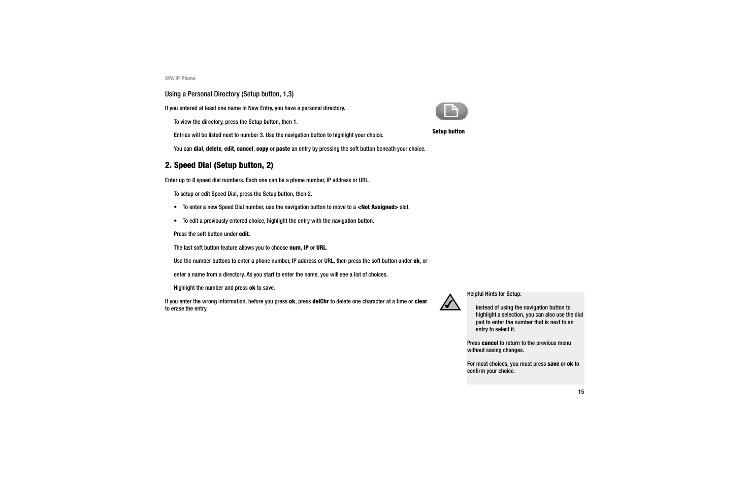 Speed dial (setup button, 2), Using a personal directory (setup button, 1,3) | Linksys SPA 922 User Manual | Page 19 / 29