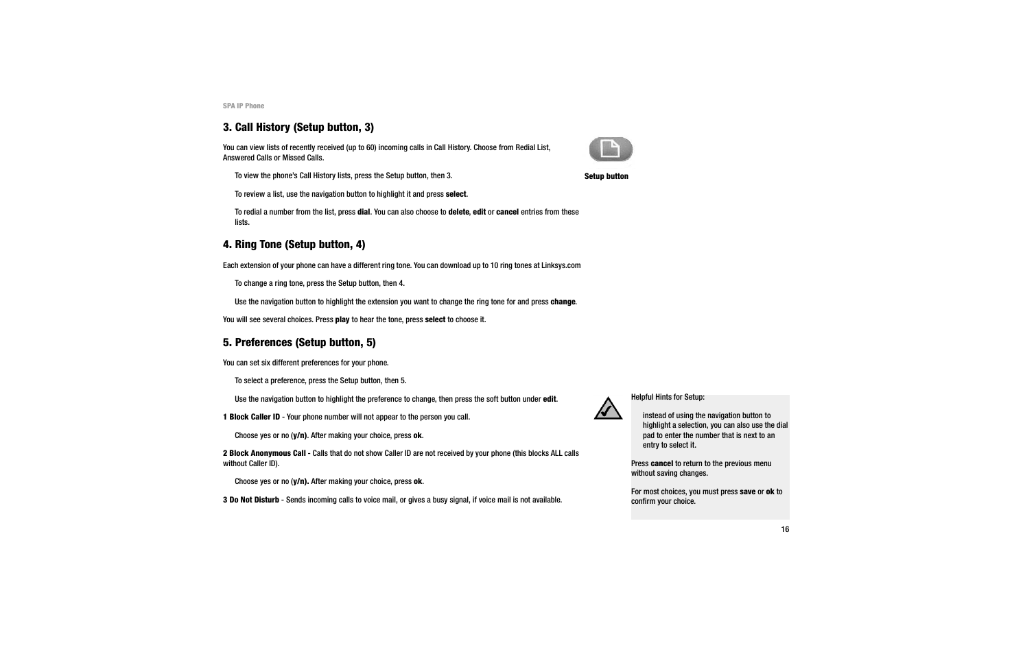 Call history (setup button, 3), Ring tone (setup button, 4), Preferences (setup button, 5) | Linksys SPA 922 User Manual | Page 20 / 29