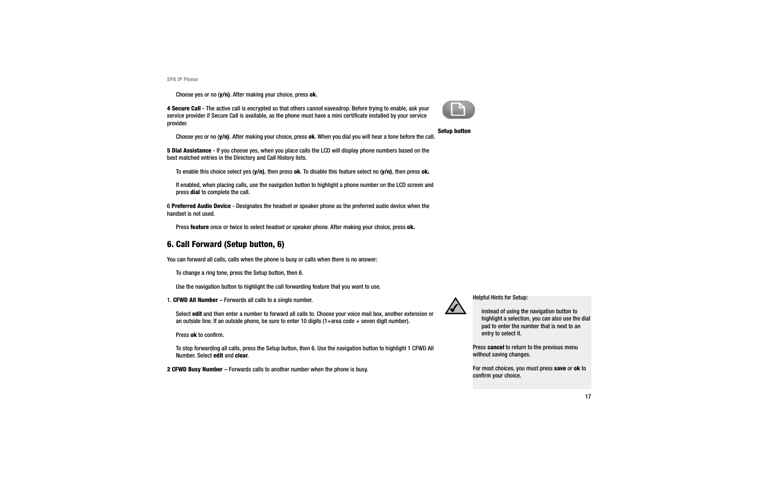 Call forward (setup button, 6) | Linksys SPA 922 User Manual | Page 21 / 29